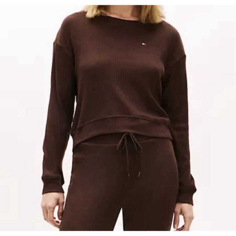 NWT Tommy Hilfiger Brown Rib-Knit Lounge Comfort Sweatshirt Womens Size Medium